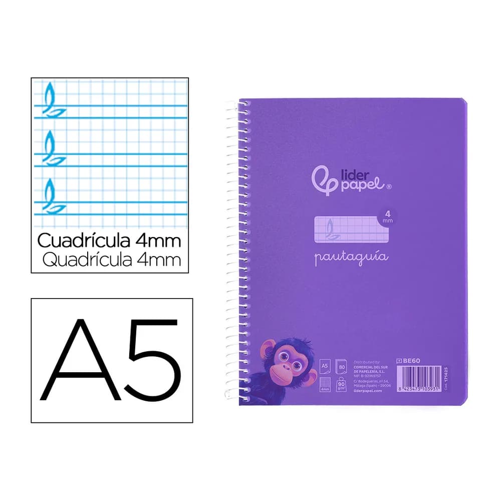 Liderpapel Cuaderno espiral liderpapel a5 pautaguia tapa plastico 80h 90gr cuadro pautado 4 mm con margen color lila