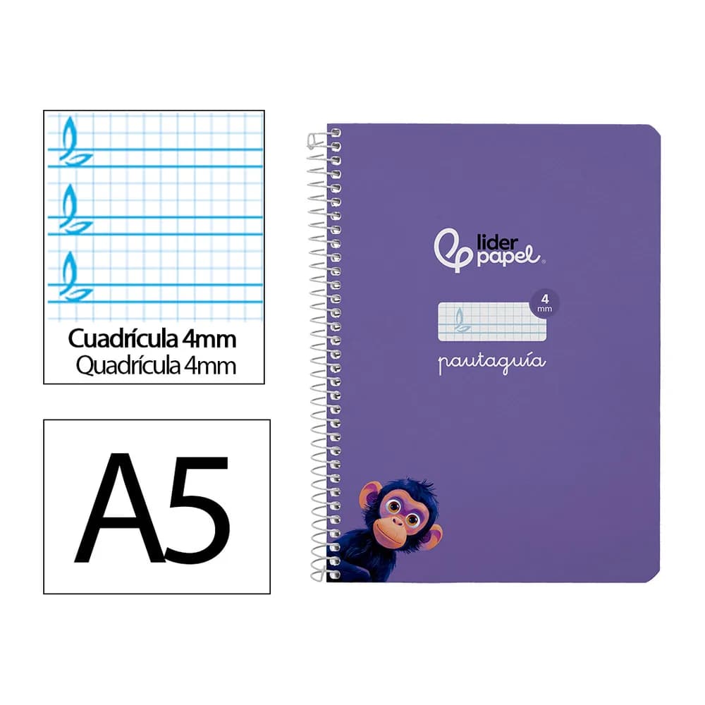 Liderpapel Cuaderno espiral liderpapel a5 pautaguia tapa blanda 40h 75gr cuadro pautado 4mm color lila