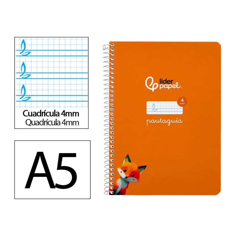Liderpapel Cuaderno espiral liderpapel a5 pautaguia tapa blanda 40h 75gr cuadro pautado 4mm color naranja