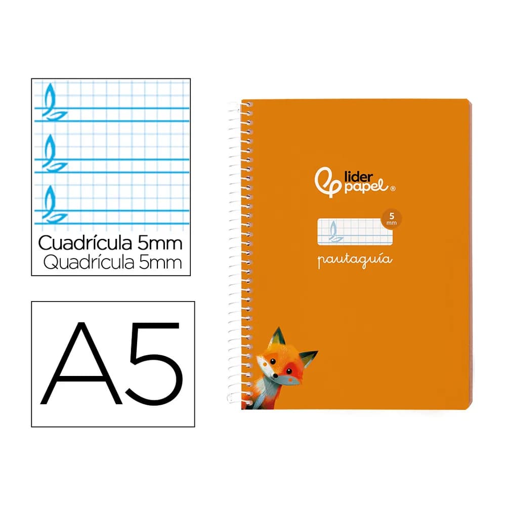 Liderpapel Cuaderno espiral liderpapel a5 pautaguia tapa blanda 40h 75gr cuadro pautado 5mm color naranja