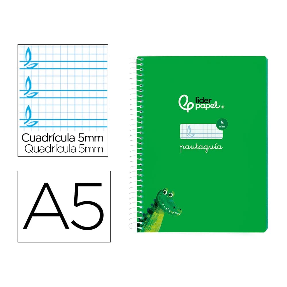 Liderpapel Cuaderno espiral liderpapel din a5 pautaguia tapa blanda 40h 75gr cuadro pautado 5mm color verde