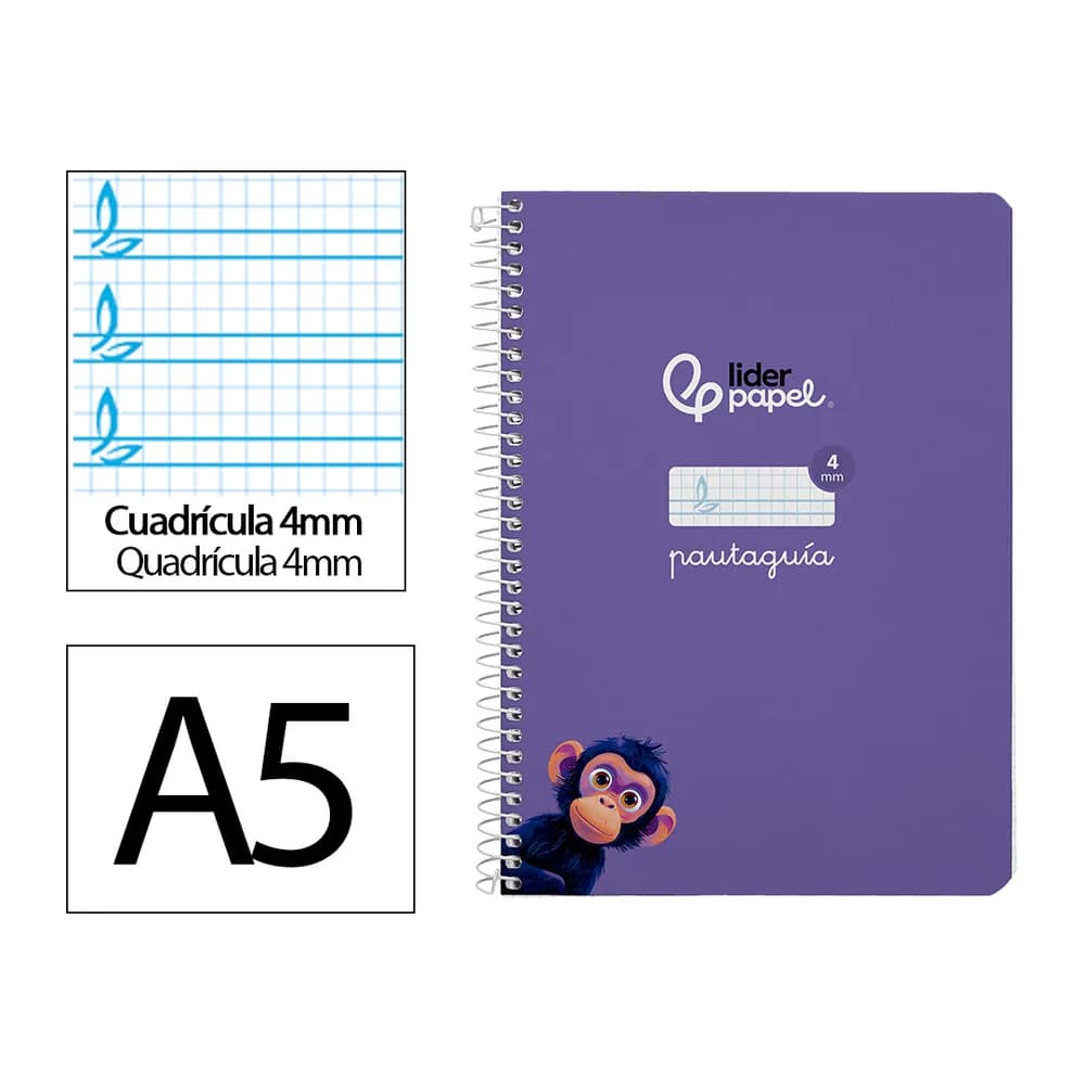 Liderpapel Cuaderno espiral liderpapel a5 pautaguia tapa dura 80h 90gr cuadro pautado 4mm color lila