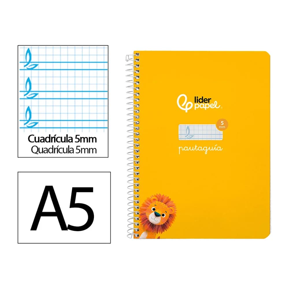 Liderpapel Cuaderno espiral liderpapel a5 pautaguia tapa dura 80h 90 gr cuadro pautado 5mm color amarillo