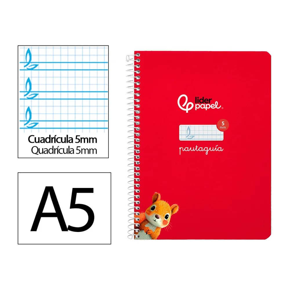 Liderpapel Cuaderno espiral liderpapel a5 pautaguia tapa dura 80h 90 gr cuadro pautado 5mm color rojo