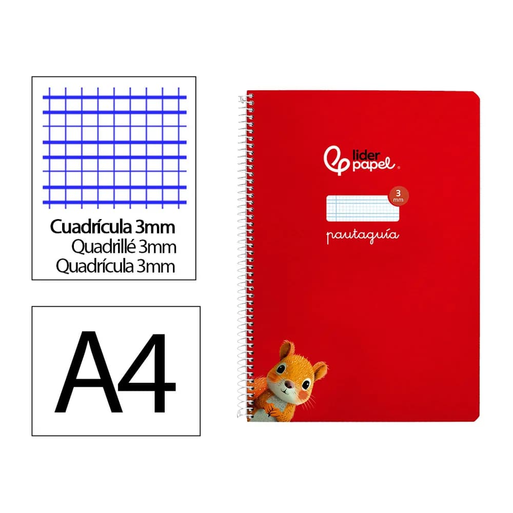 Liderpapel Cuaderno espiral liderpapel a4 a4 pautaguia tapa dura 80h 90 gr cuadro pautado 3mm color rojo