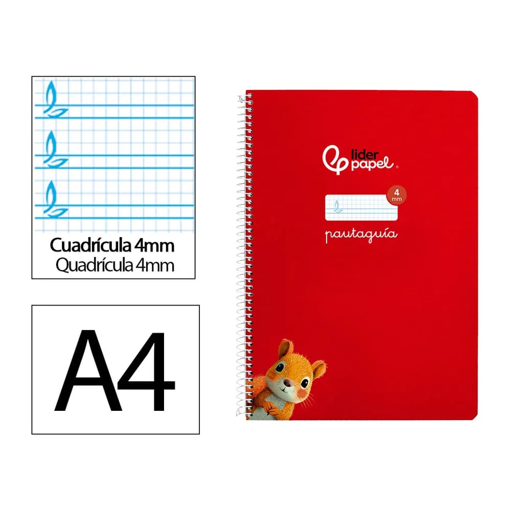 Liderpapel Cuaderno espiral liderpapel a4 pautaguia tapa dura 80h 90gr cuadro pautado 4mm color rojo