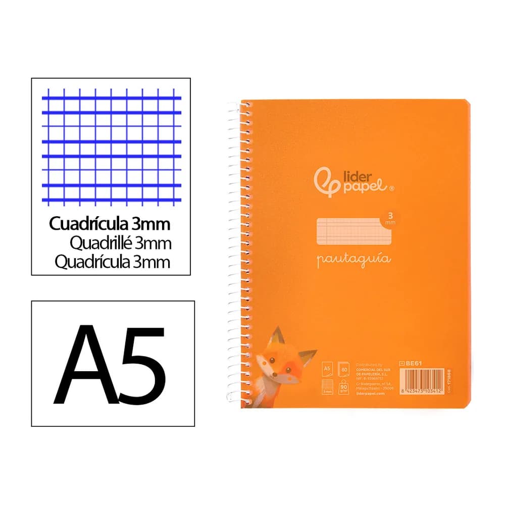Liderpapel Cuaderno espiral liderpapel a5 pautaguia tapa plastico 80h 90gr cuadro pautado 3mm color naranja