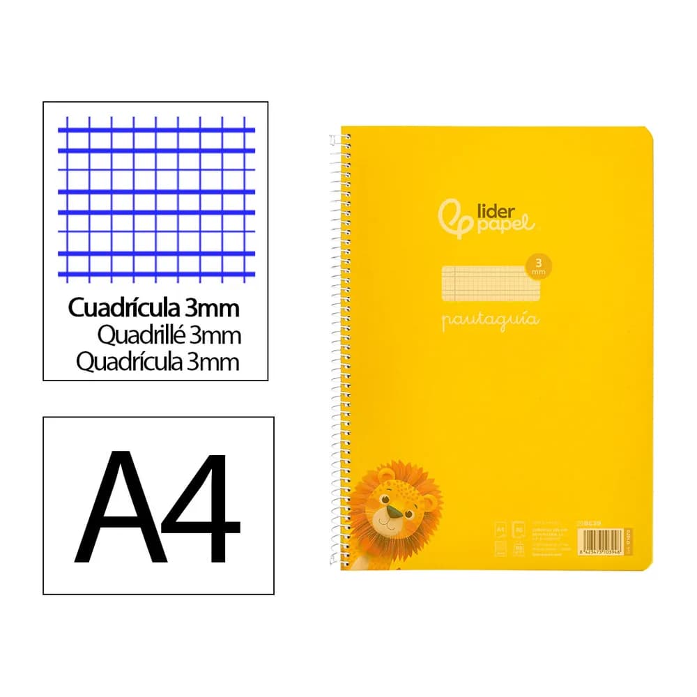 Liderpapel Cuaderno espiral liderpapel a4 pautaguia tapa plastico 80h 90gr cuadro pautado 3mm con margen color amarillo