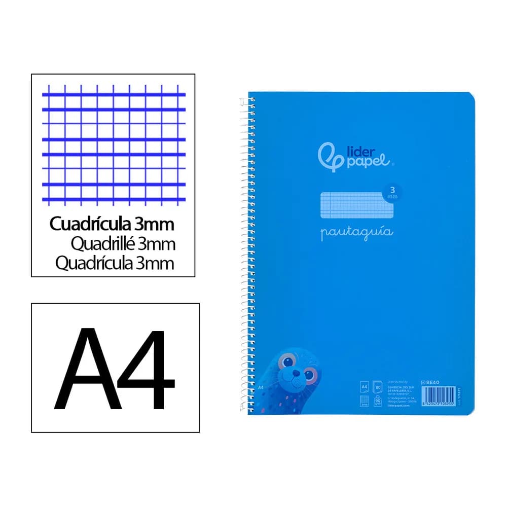 Liderpapel Cuaderno espiral liderpapel a4 pautaguia tapa plastico 80h 90gr cuadro pautado 3mm con margen color azul