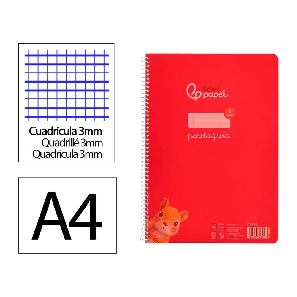 Liderpapel Cuaderno espiral liderpapel a4 pautaguia tapa plastico 80h 90gr cuadro pautado 3mm con margen color rojo