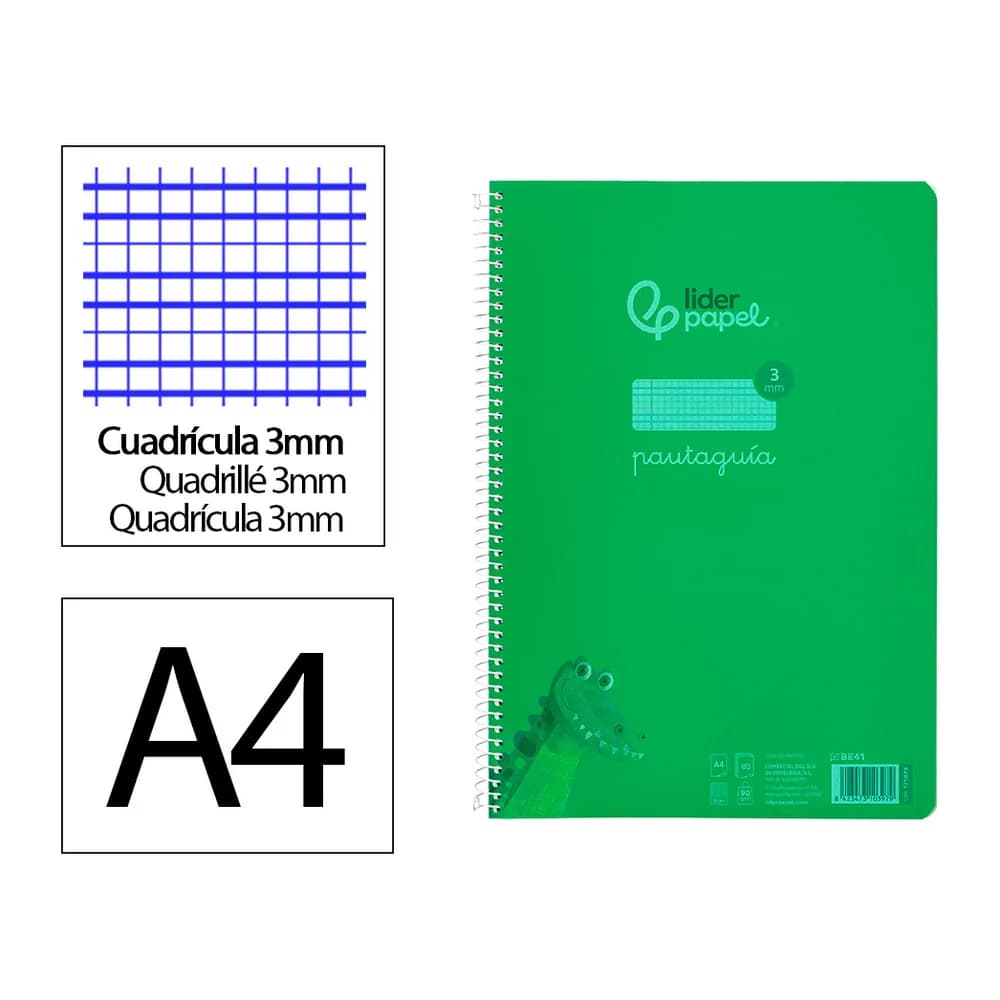 Liderpapel Cuaderno espiral liderpapel a4 pautaguia tapa plastico 80h 90gr cuadro pautado 3mm con margen color verde