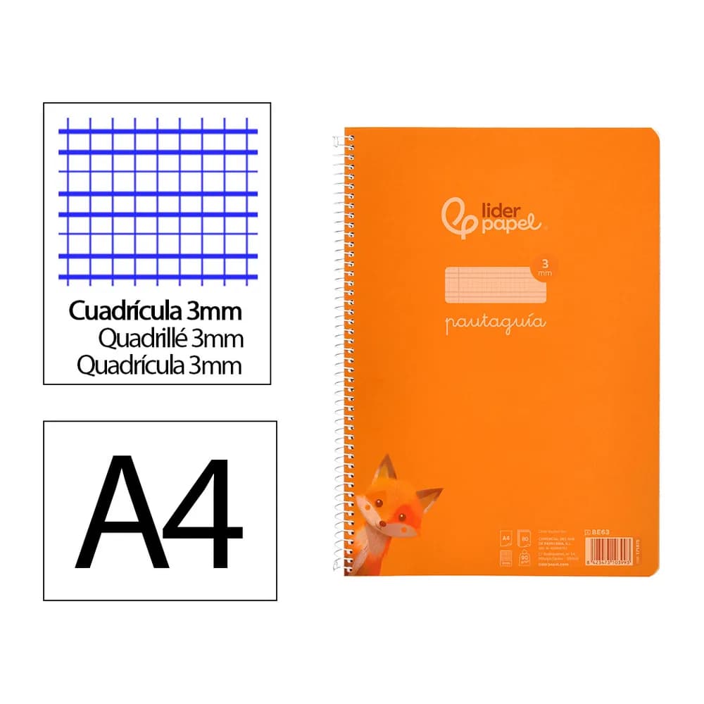 Liderpapel Cuaderno espiral liderpapel a4 pautaguia tapa plastico 80h 90gr cuadro pautado 3mm con margen color naranja