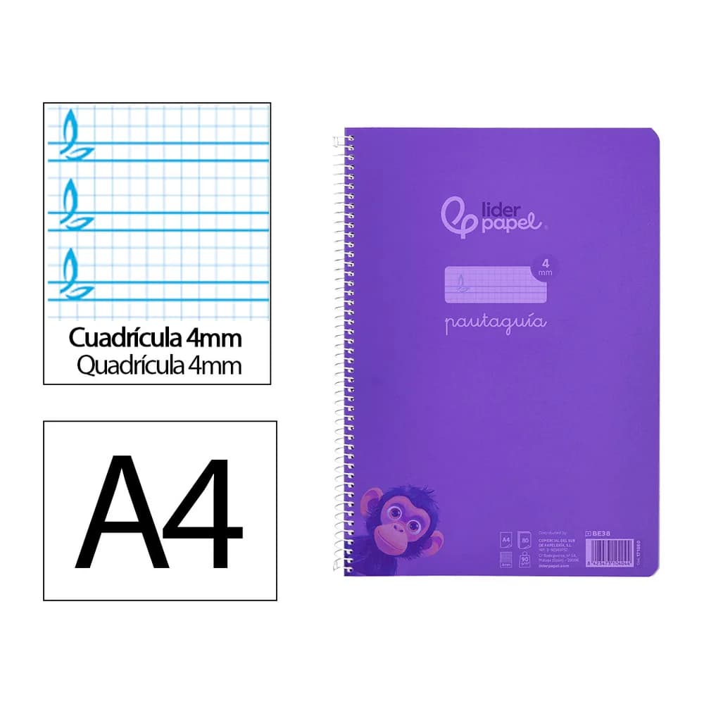 Liderpapel Cuaderno espiral liderpapel a4 pautaguia tapa plastico 80h 90gr cuadro pautado 4mm con margen color lila