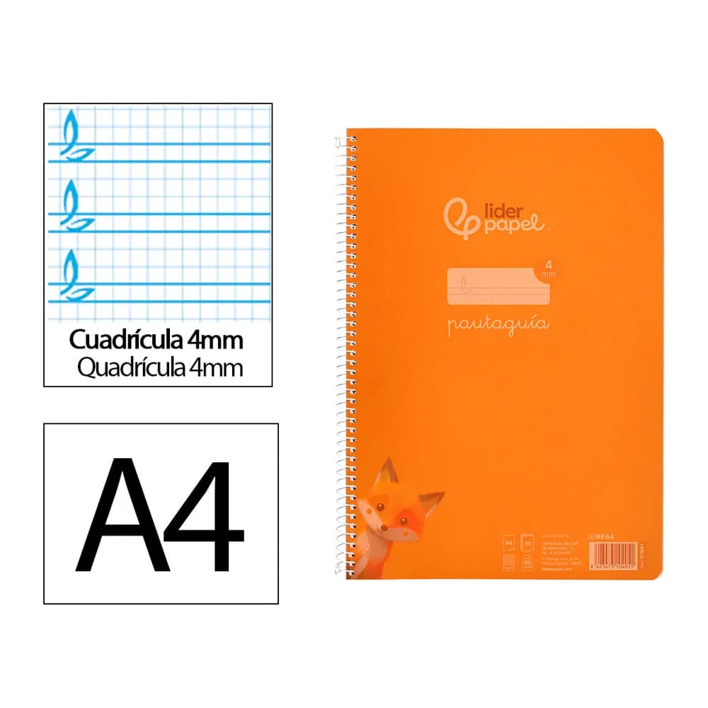 Liderpapel Cuaderno espiral liderpapel a4 pautaguia tapa plastico 80h 90gr cuadro pautado 4mm con margen color naranja