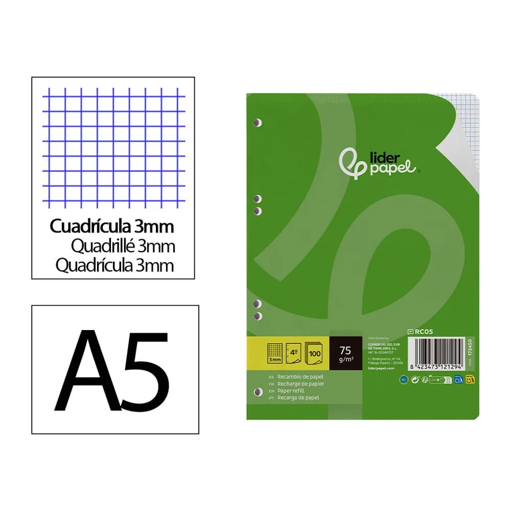 Liderpapel Recambio liderpapel a5 100 hojas 75gr cuadro 3mm con margen 6 taladros
