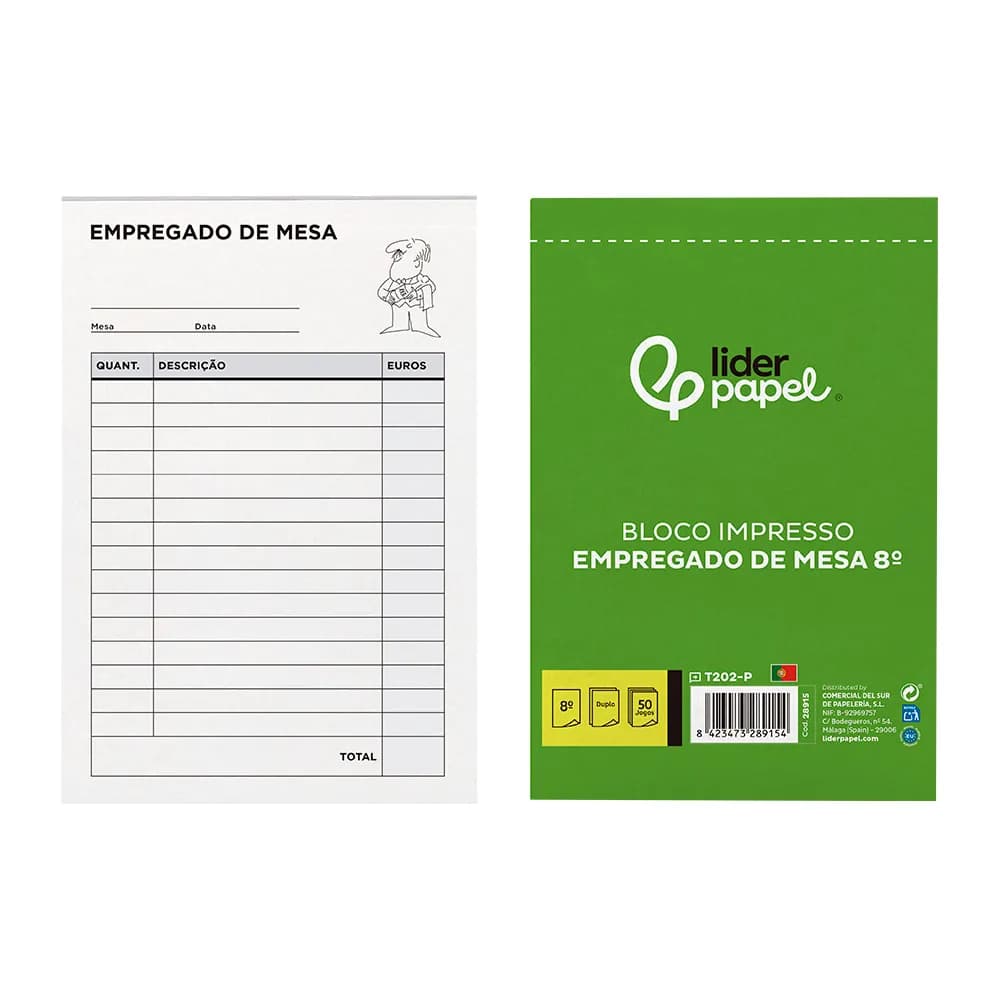 Liderpapel Talonario liderpapel camarero octavo sin iva 202 duplicado texto en portugues