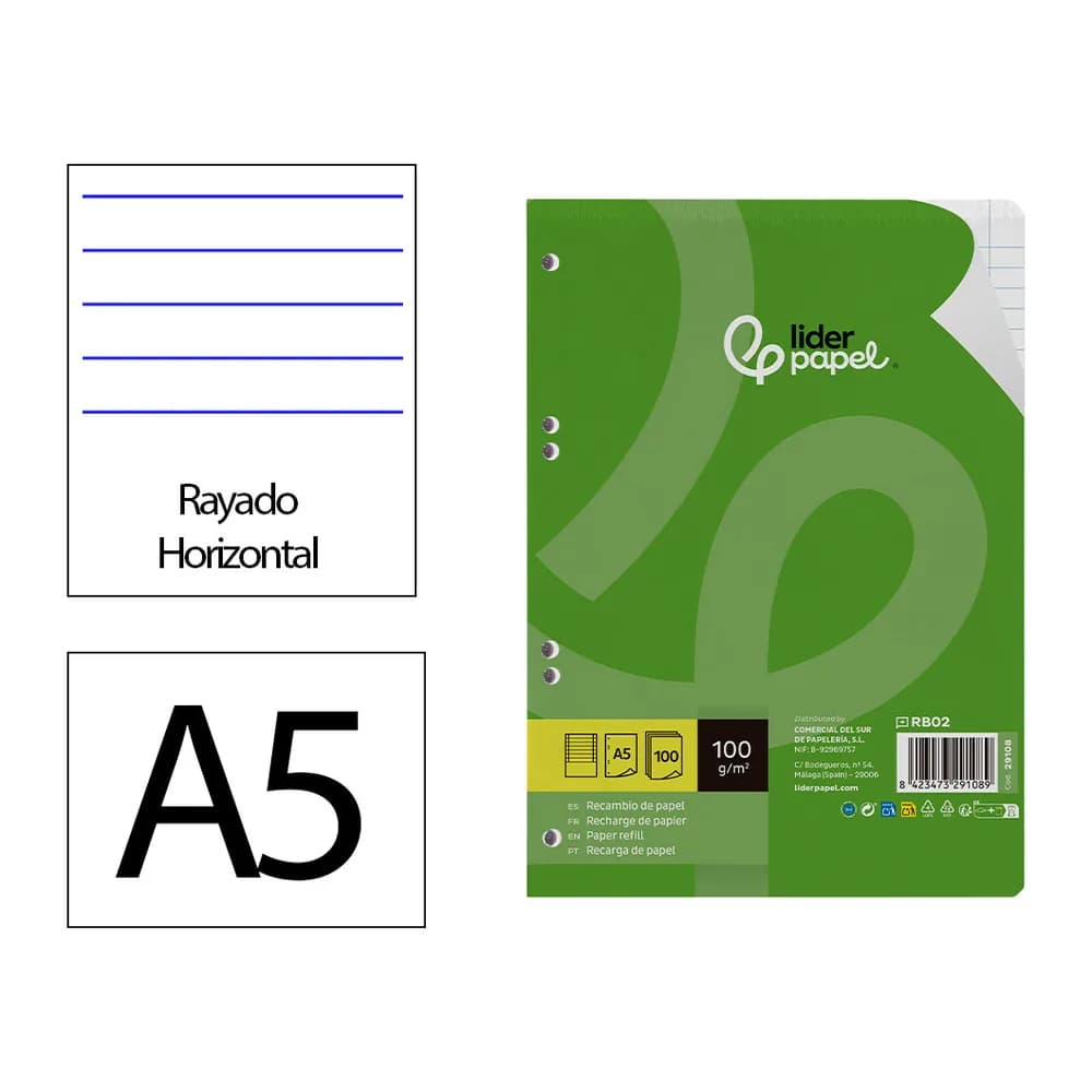 Liderpapel Recambio liderpapel a5 100 h 100gr horizontal doble margen 6 taladros