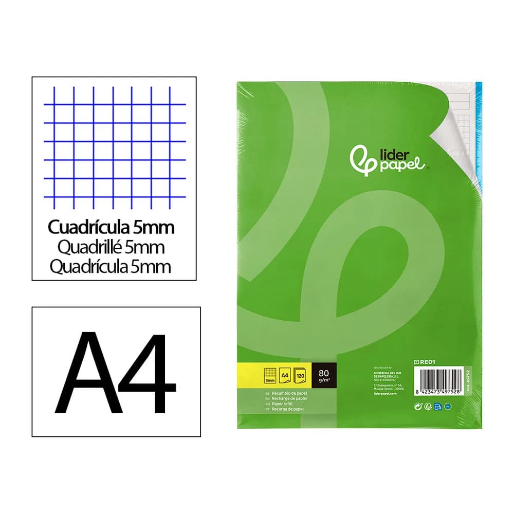 Liderpapel Recambio liderpapel a4 120 hojas 80gr cuadro 5mm sin ma rgen 4 taladros bandas de 5 colores
