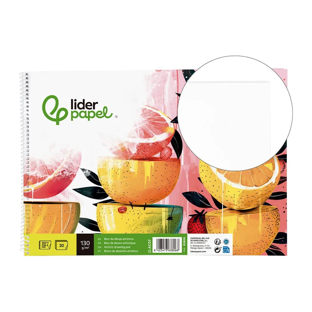 Liderpapel Bloc dibujo liderpapel artistico espiral 230x325mm 20 hojas 130g/m2 sin recuadro sin microperforado