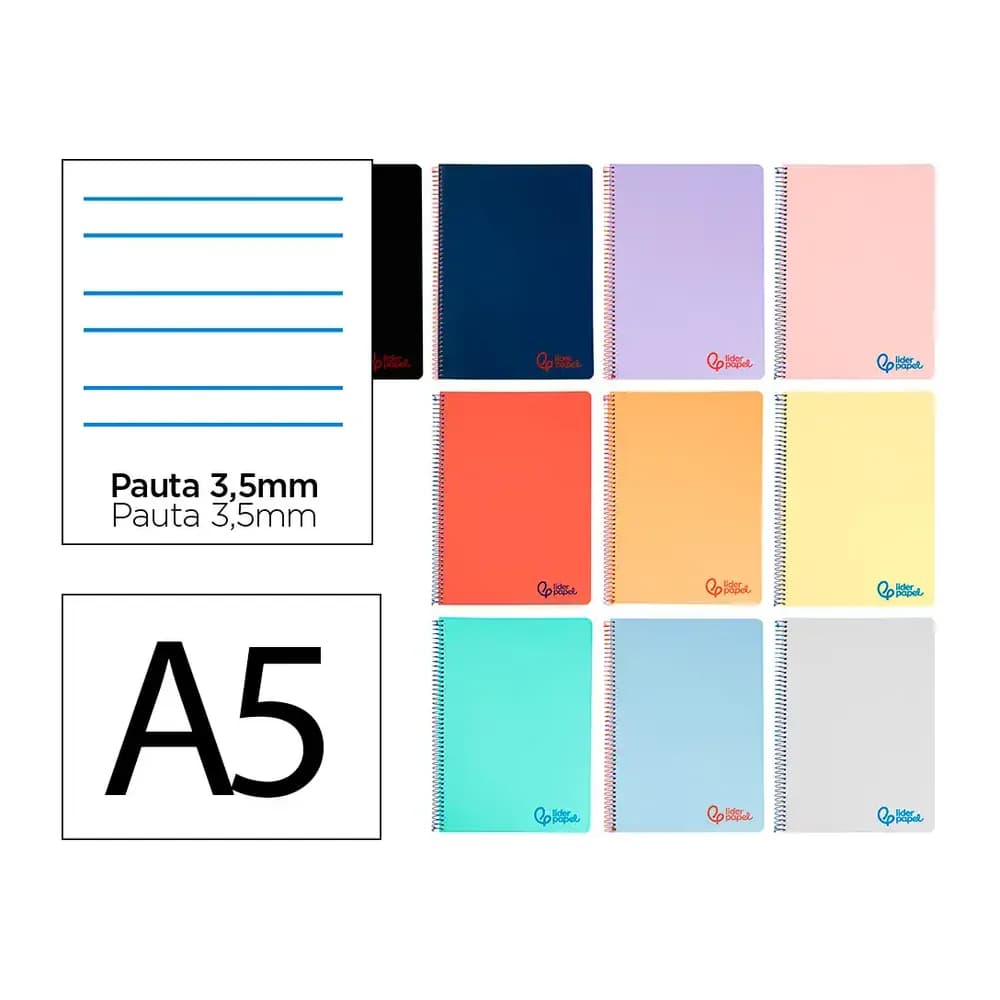Liderpapel Cuaderno espiral liderpapel a5 wonder tapa plastico 80h 90g pauta 3,5mm con margen colores surtidos