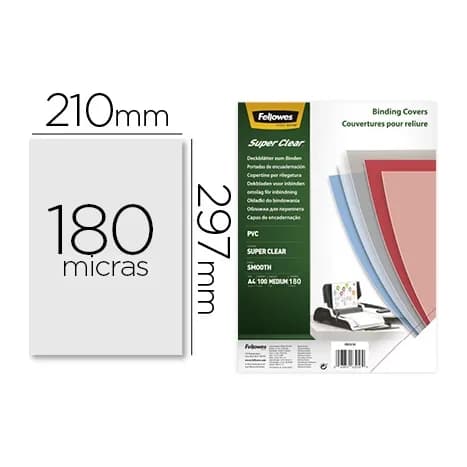 Fellowes Tapa de encuadernacion fellowes din a4 pvc transparente cristal 180 micras pack de 100 unidades