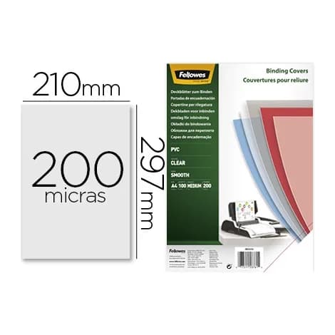 Fellowes Tapa de encuadernacion fellowes din a4 pvc transparente cristal 200 micras pack de 100 unidades