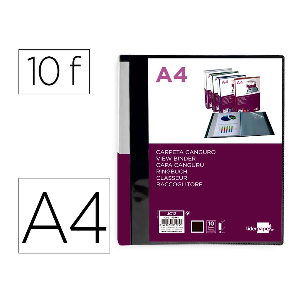 Liderpapel Carpeta liderpapel 10 fundas canguro pp din a4 negro opaco portada y lomo personalizable