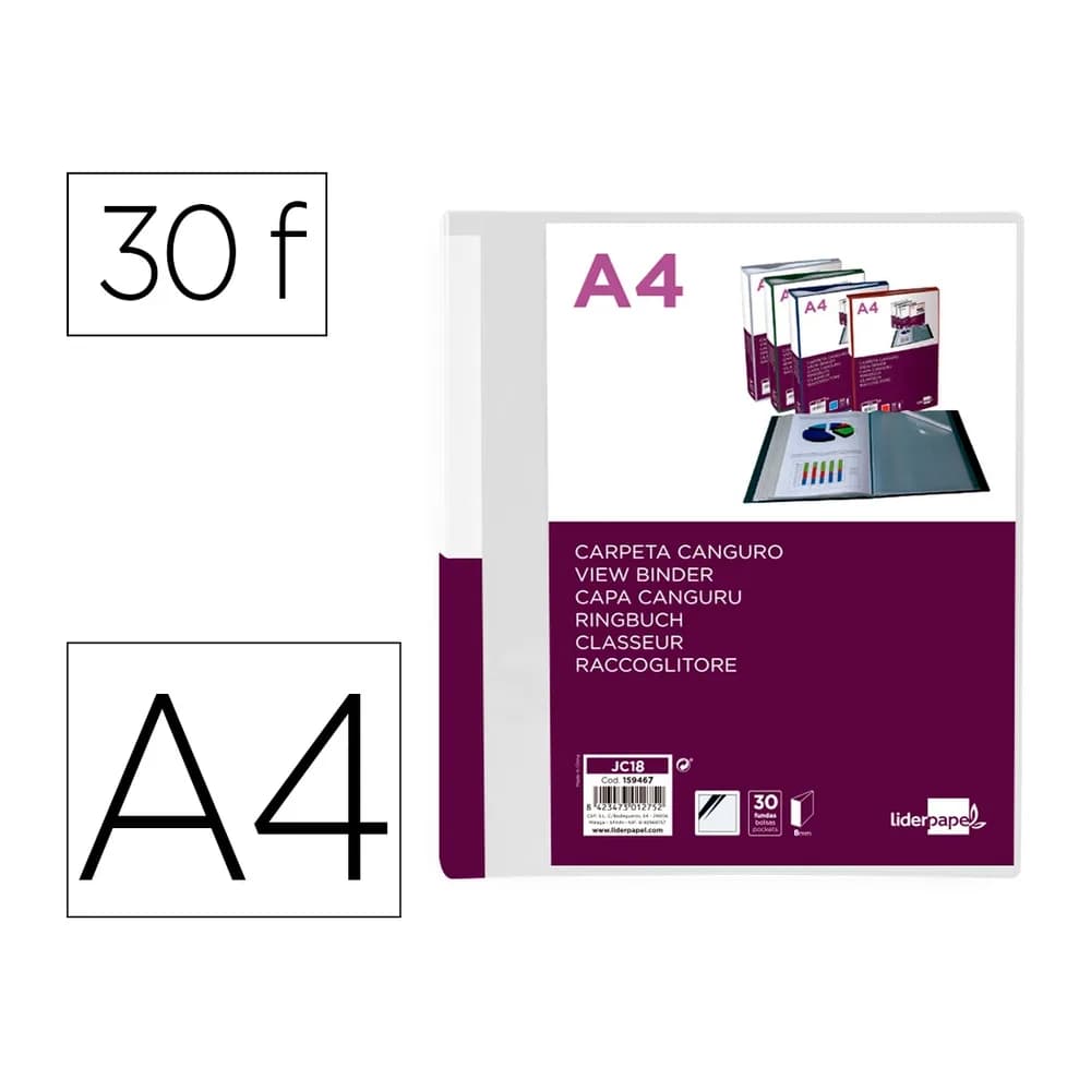 Liderpapel Carpeta liderpapel 30 fundas canguro pp din a4 transparenteportada y lomo personalizable