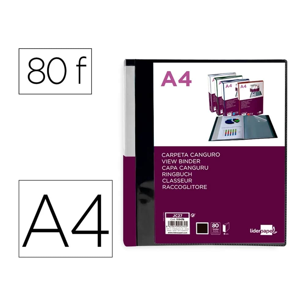 Liderpapel Carpeta liderpapel 80 fundas canguro pp din a4 negro opaco portada y lomo personalizable