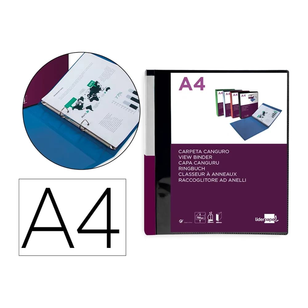 Liderpapel Carpeta liderpapel canguro 2 anillas 25 mm mixtas polipropileno din a4 negro opaco