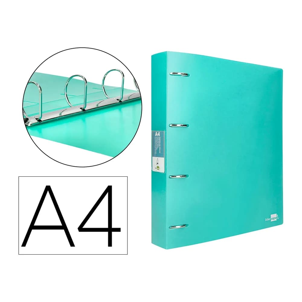 Liderpapel Carpeta liderpapel 4 anillas mixtas 40 mm polipropileno din a4 verde manzana opaco