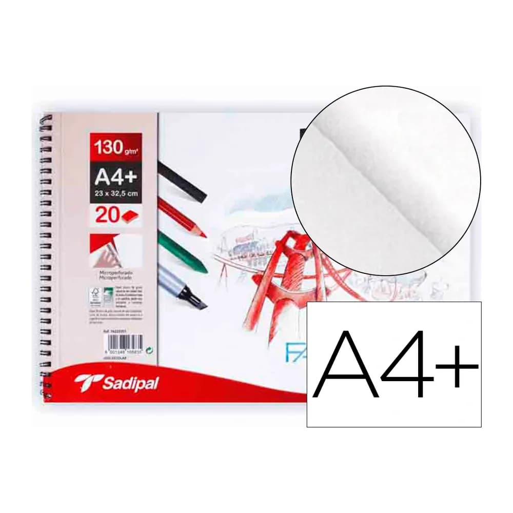 Fabriano Bloc dibujo sadipal fabriano din a4+ espiral 20 hojas 130g/m2 grano suave microperforado liso