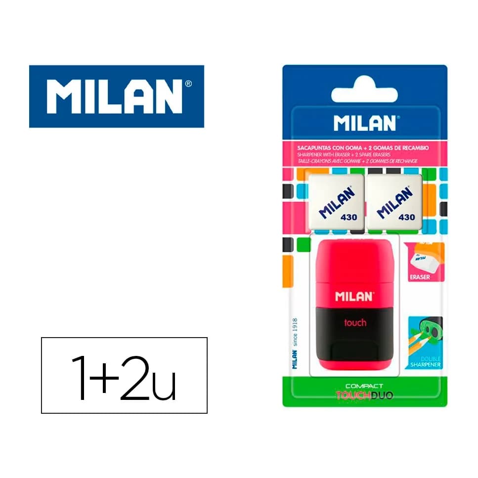 Milan Sacapuntas milan compact touch duo plastico 2 usos con goma + 2 recambios de goma en blister