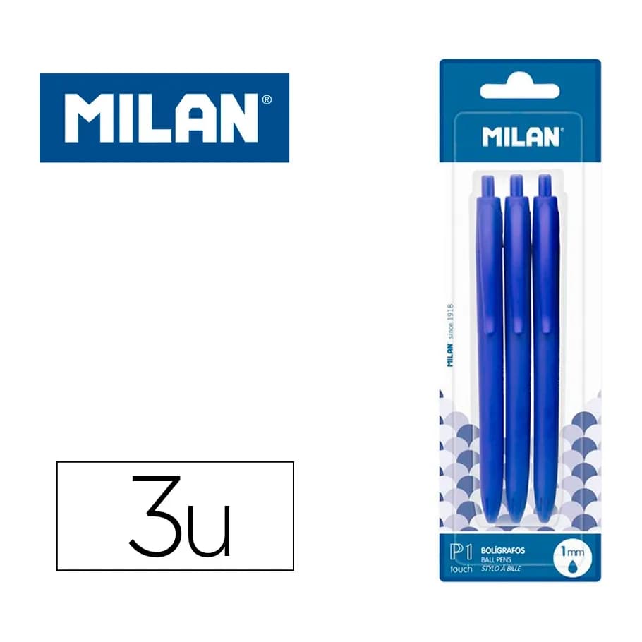 Milan Boligrafo milan p1 retractil 1 mm touch azul blister de 3 unidades