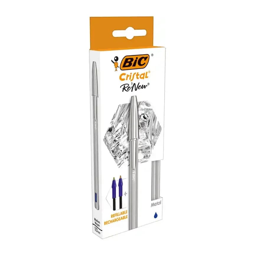 Bic Boligrafo bic cristal renew cuerpo en aluminio mate tinta azul + 2 recambios en caja de carton