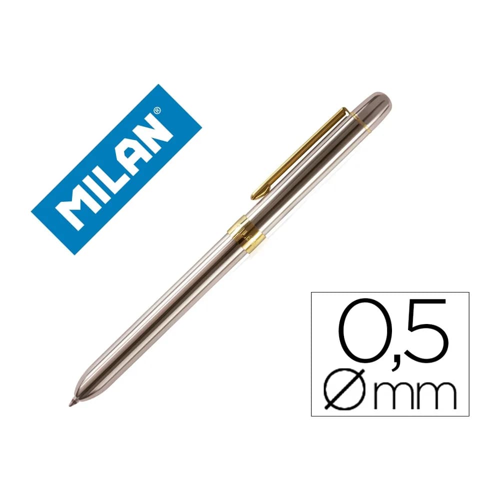Milan Boligrafo milan multifuncion cromado adornos dorados azul/rojo/portaminas 0,5 mm/ goma de borrar en caja metal