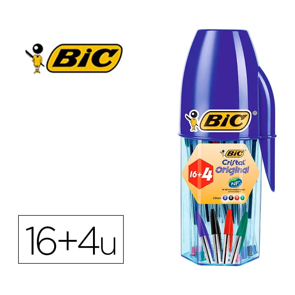 Bic Boligrafo bic cristal mega tubo 16+4 unidades colores surtidos 8 azules / 5 negros / 4 rojos/ 3 verdes