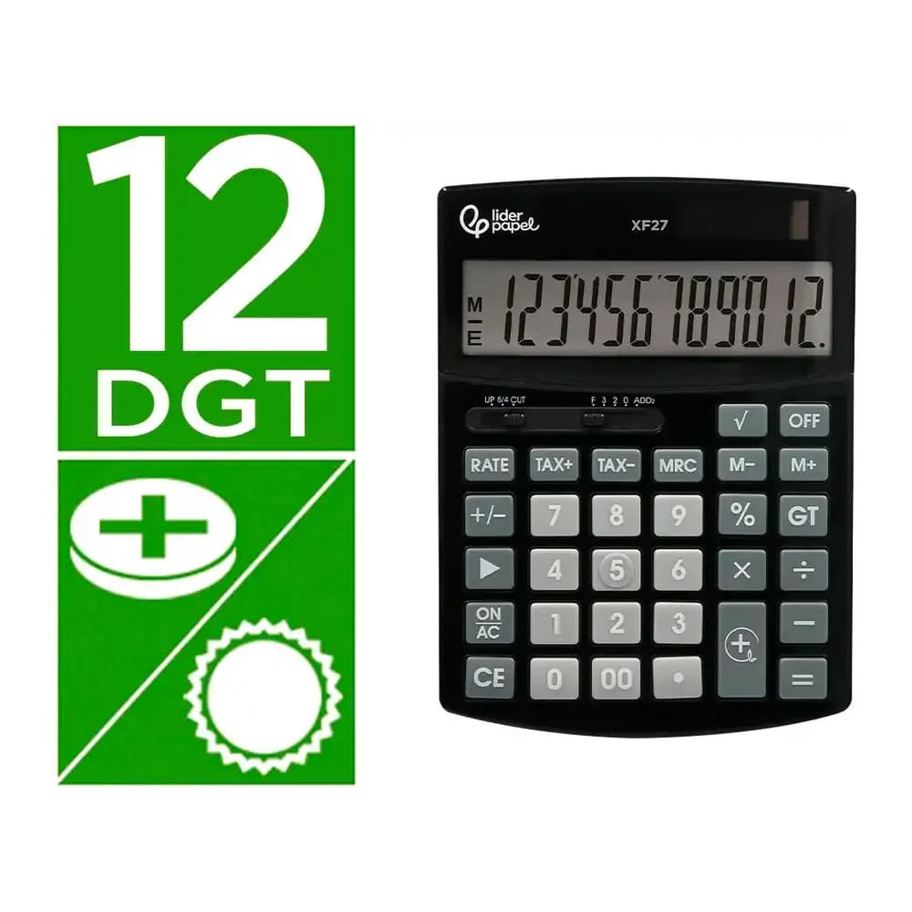 Liderpapel Calculadora liderpapel sobremesa xf27 12 digitos tasas solar y pilas color negro 155x115x25 mm