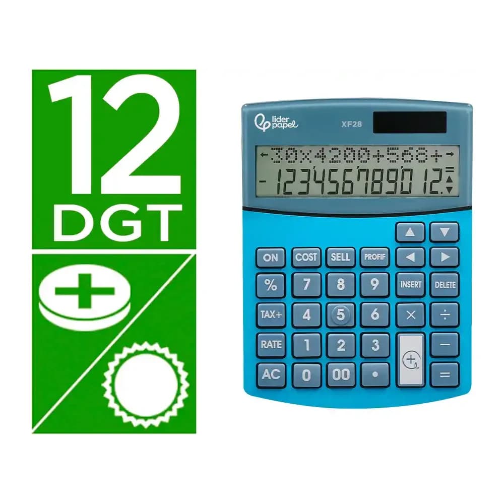 Liderpapel Calculadora liderpapel sobreme sa xf28 12 digitos dos lineas coste venta margen y tasas solar y pilas azul 155x115x25 mm