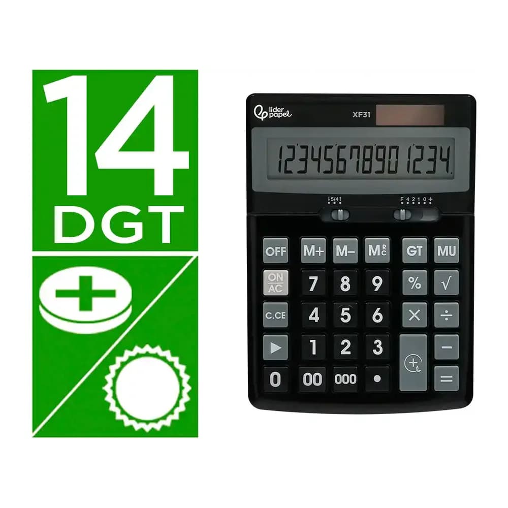 Liderpapel Calculadora liderpapel sobremesa xf31 14 digitos solar y pilas color negro 170x122x35 mm