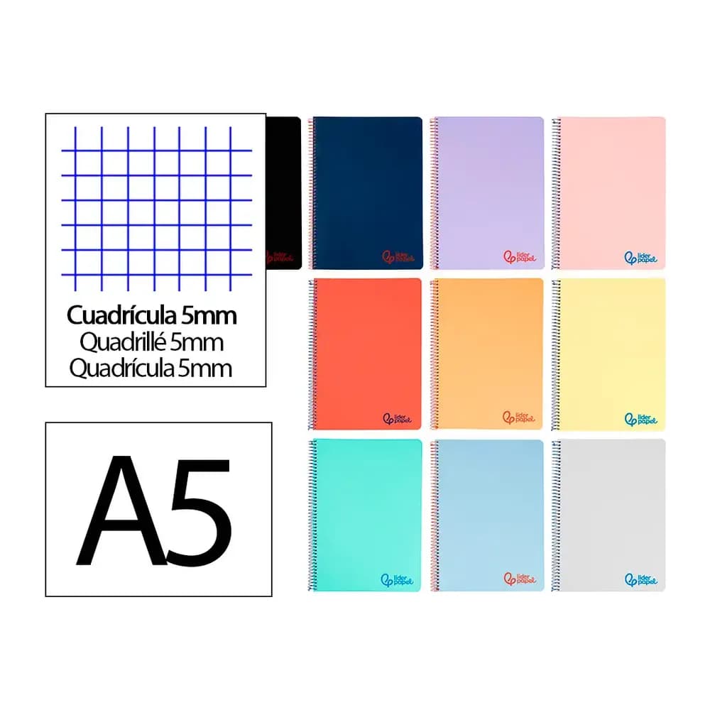 Liderpapel Cuaderno espiral liderpapel a5 wonder tapa plastico 80h 90gr cuadro 5mm con margen colores surtidos