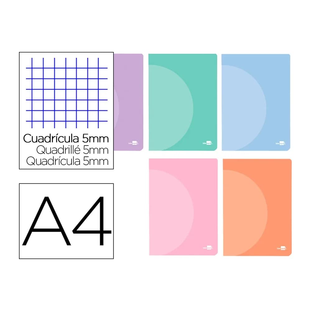 Liderpapel Libreta liderpapel 360 tapa de plastico a4 48 hojas 90gr cuadro 5mm con doble margen colores pastel