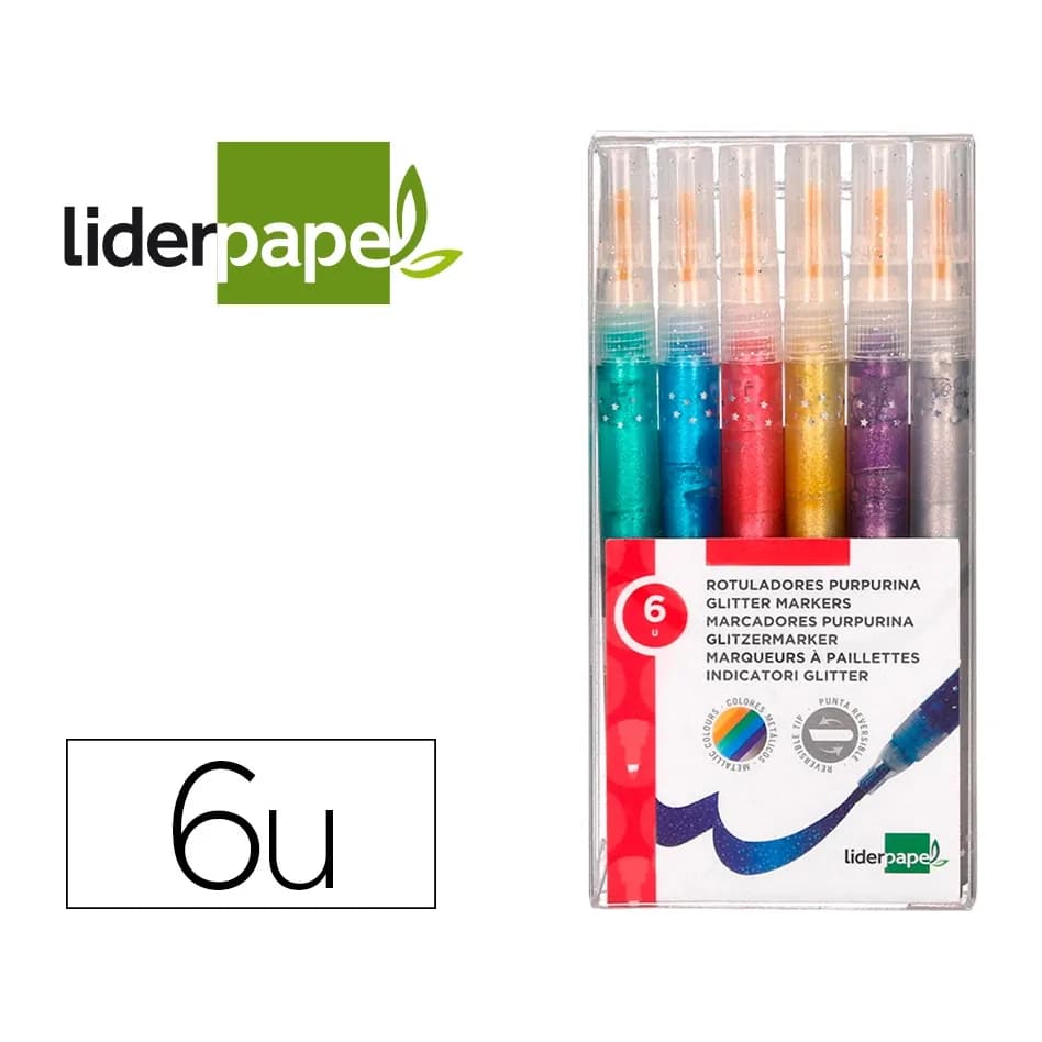 Liderpapel Rotulador liderpapel efecto purpurina metalizada punta reversible bolsa de 6 unidades colores surtidos