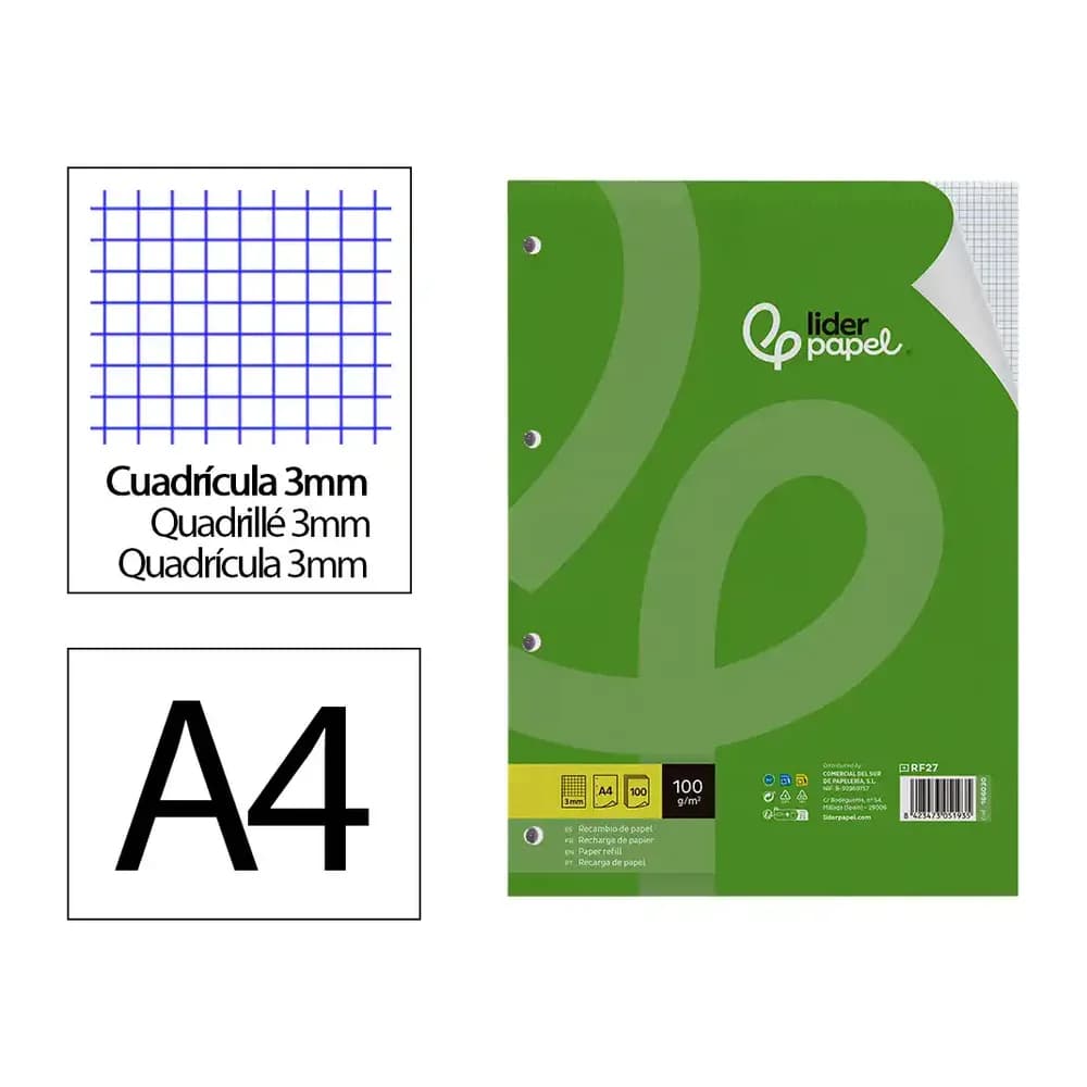 Liderpapel Recambio liderpapel a4 100 hojas 100gr cuadro 3mm con margen 4 taladros