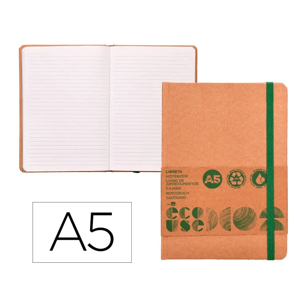 Liderpapel Libreta liderpapel ecouse 100% reciclada a5 96 hojas 70gr horizontal con gomilla y marca paginas