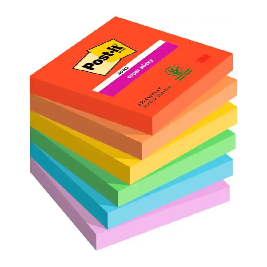 Post-it Bloc de notas adhesivas quita y pon post-it super sticky playful 76x76 mm 90 hojas 100% pefc pack de 6 unidades
