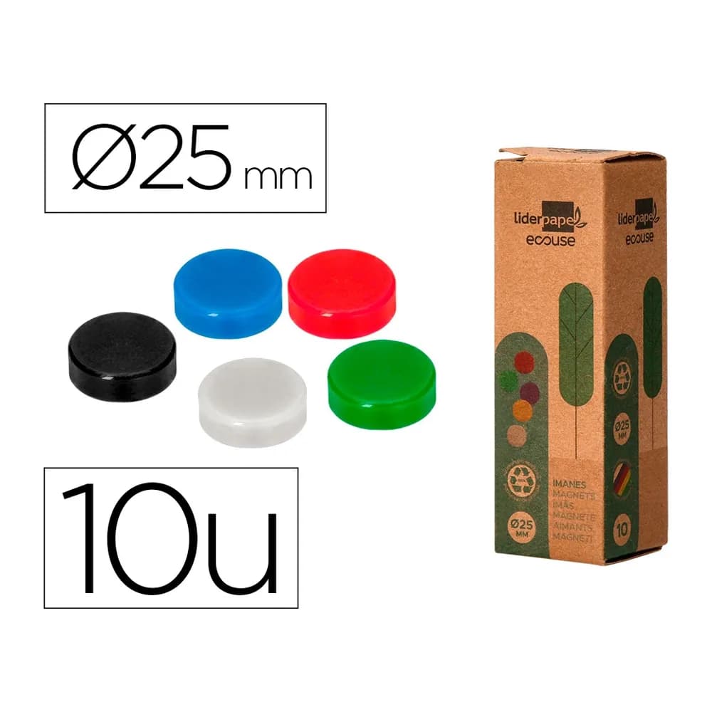 Liderpapel Iman para sujecion liderpapel ecouse pp reciclado para pizarra magnetica 25 mm caja de 10 unidades