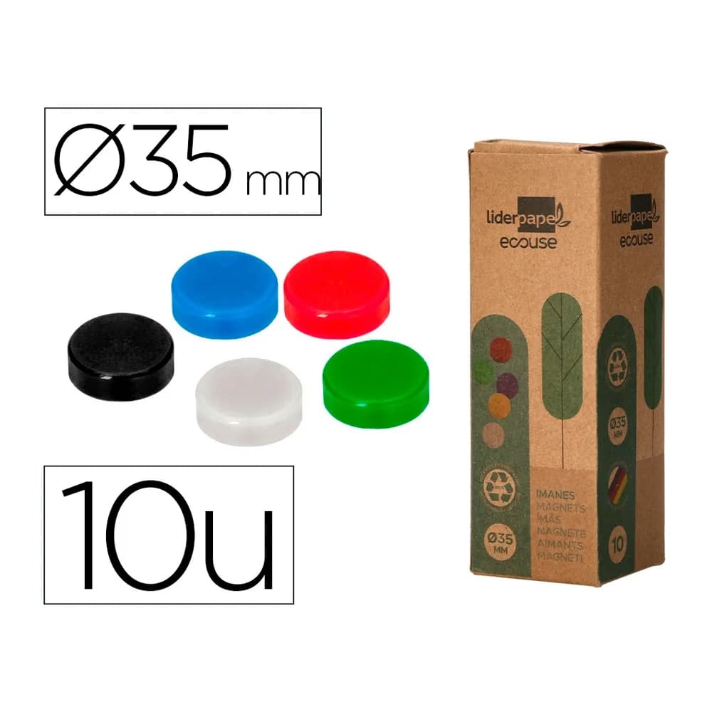 Liderpapel Iman para sujecion liderpapel ecouse pp reciclado para pizarra magnetica 35 mm caja de 10 unidades