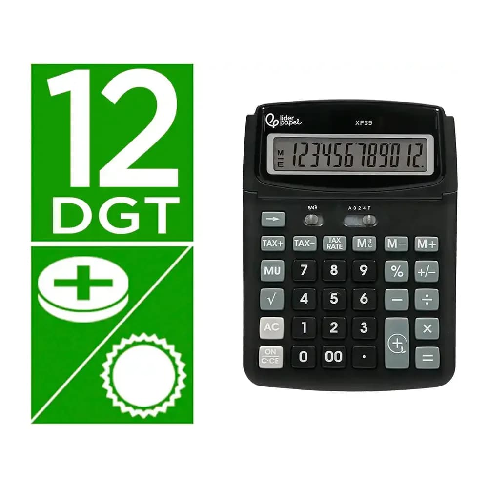 Liderpapel Calculadora liderpapel sobremesa xf39 12 digitos solar y pilas color negro 190x140x32 mm 40% reciclada
