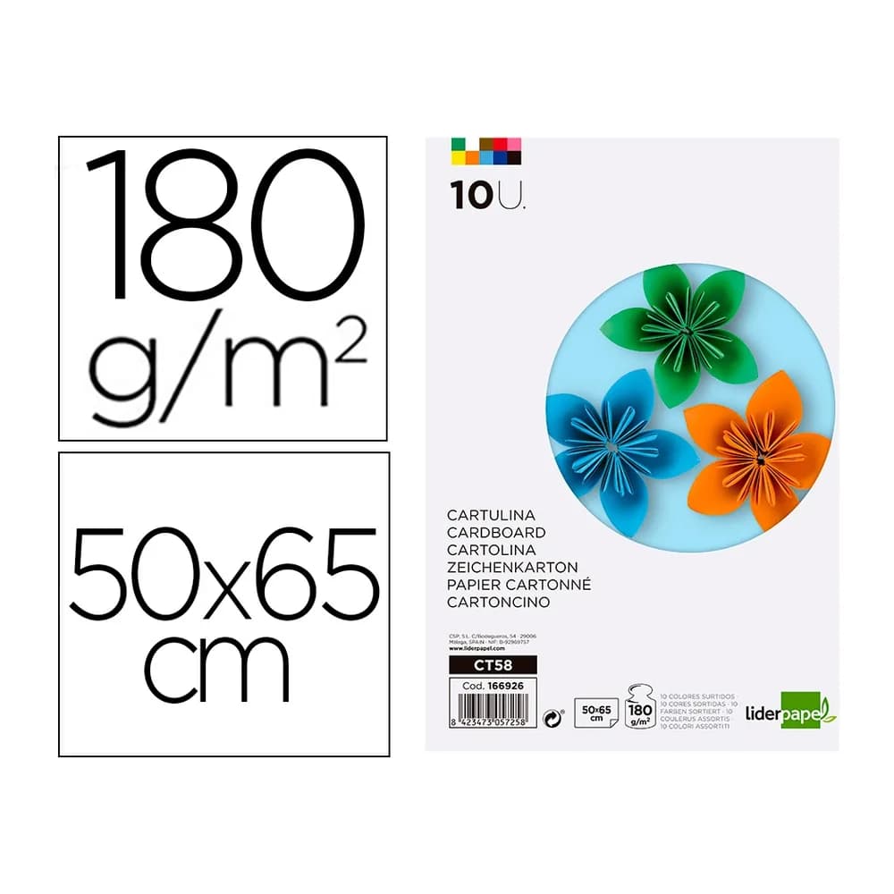 Liderpapel Cartulina liderpapel 50x65 cm 180g/m2 10 colores surtidos paquete de 10 hojas